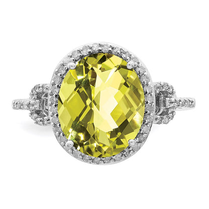 Sterling Silver Rhodium Oval Diamond & Checker Cut Lemon Quartz Ring (Size 7 Only)