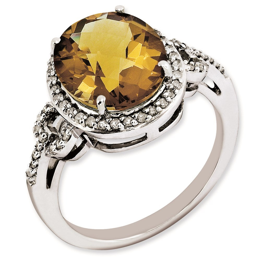 Sterling Silver Rh Plated Oval Diamond & Checker Cut Whiskey Quartz Ring (Size 7 Only)