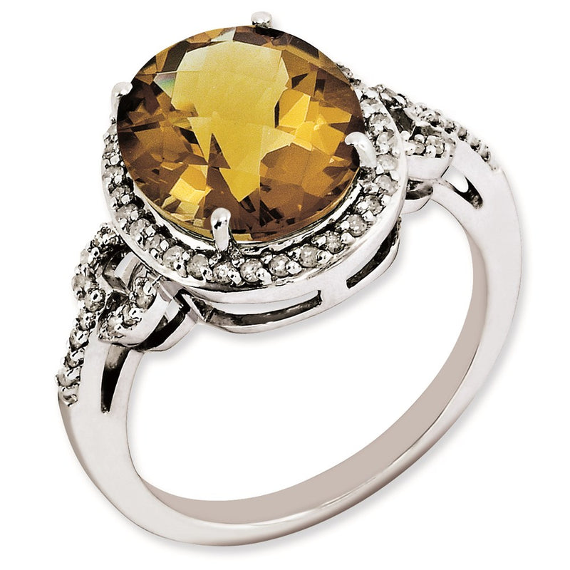 Sterling Silver Rh Plated Oval Diamond & Checker Cut Whiskey Quartz Ring (Size 7 Only)