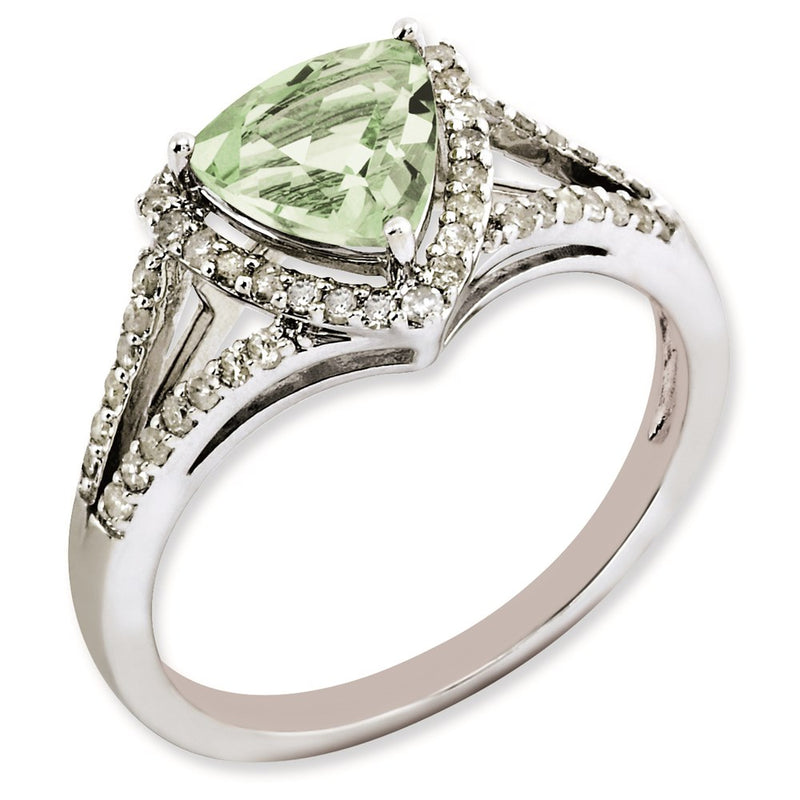 Sterling Silver Rhodium Plated Diamond & Green Quartz Ring