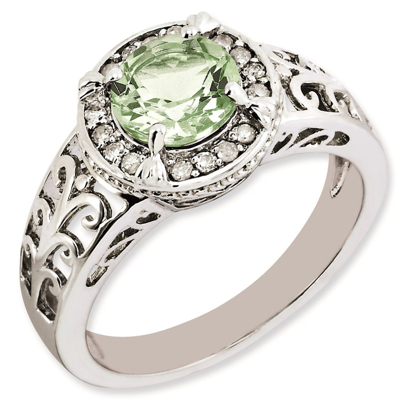 Sterling Silver Rhodium Plated Diamond & Green Quartz Ring (Size 7 Only)