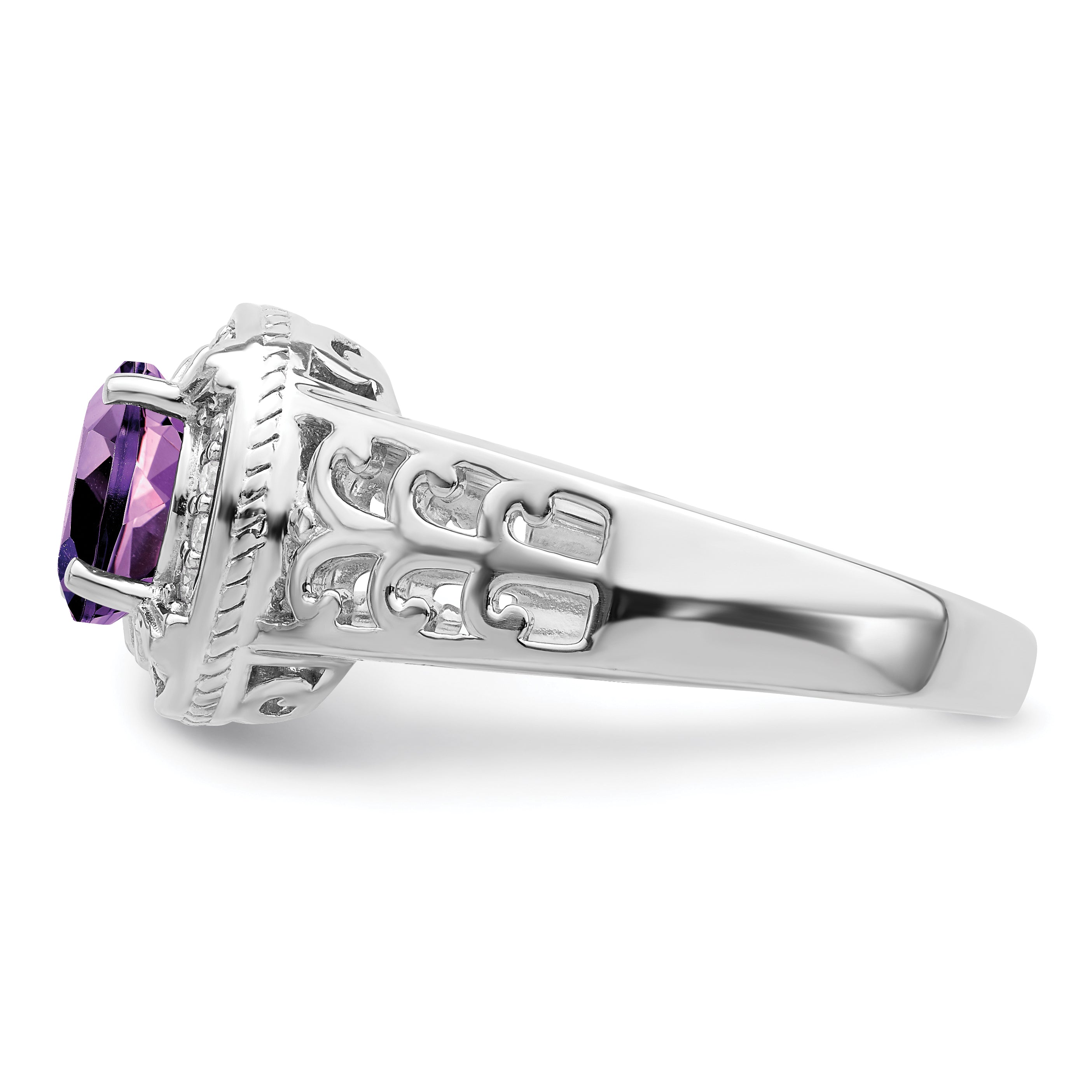 Sterling Silver Rhodium Plated Amethyst & Diamond Ring (Size 7 Only)