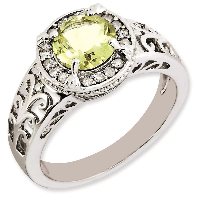 Sterling Silver Rhodium Plated Diamond & Lemon Quartz Ring (Size 7 Only)