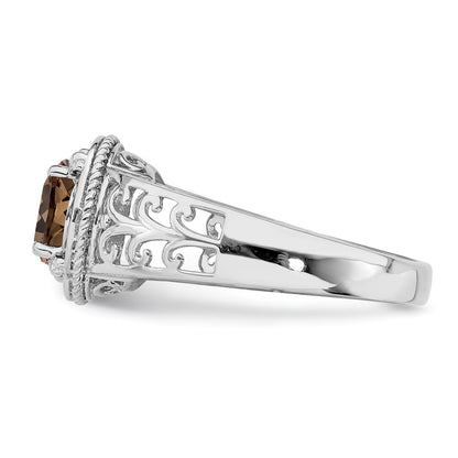 Sterling Silver Rhodium Diamond & Smoky Quartz Ring (Size 7 Only)
