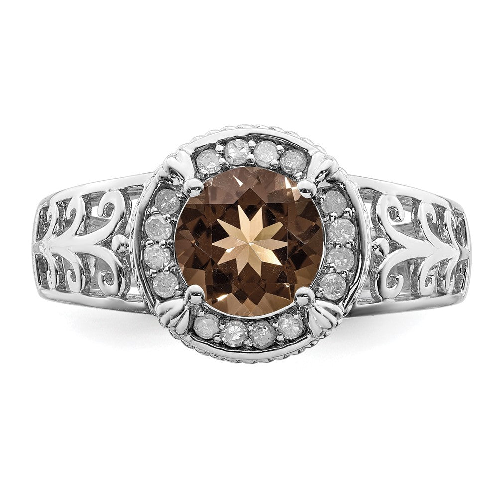 Sterling Silver Rhodium Diamond & Smoky Quartz Ring (Size 7 Only)