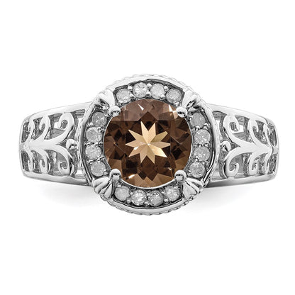 Sterling Silver Rhodium Diamond & Smoky Quartz Ring (Size 7 Only)