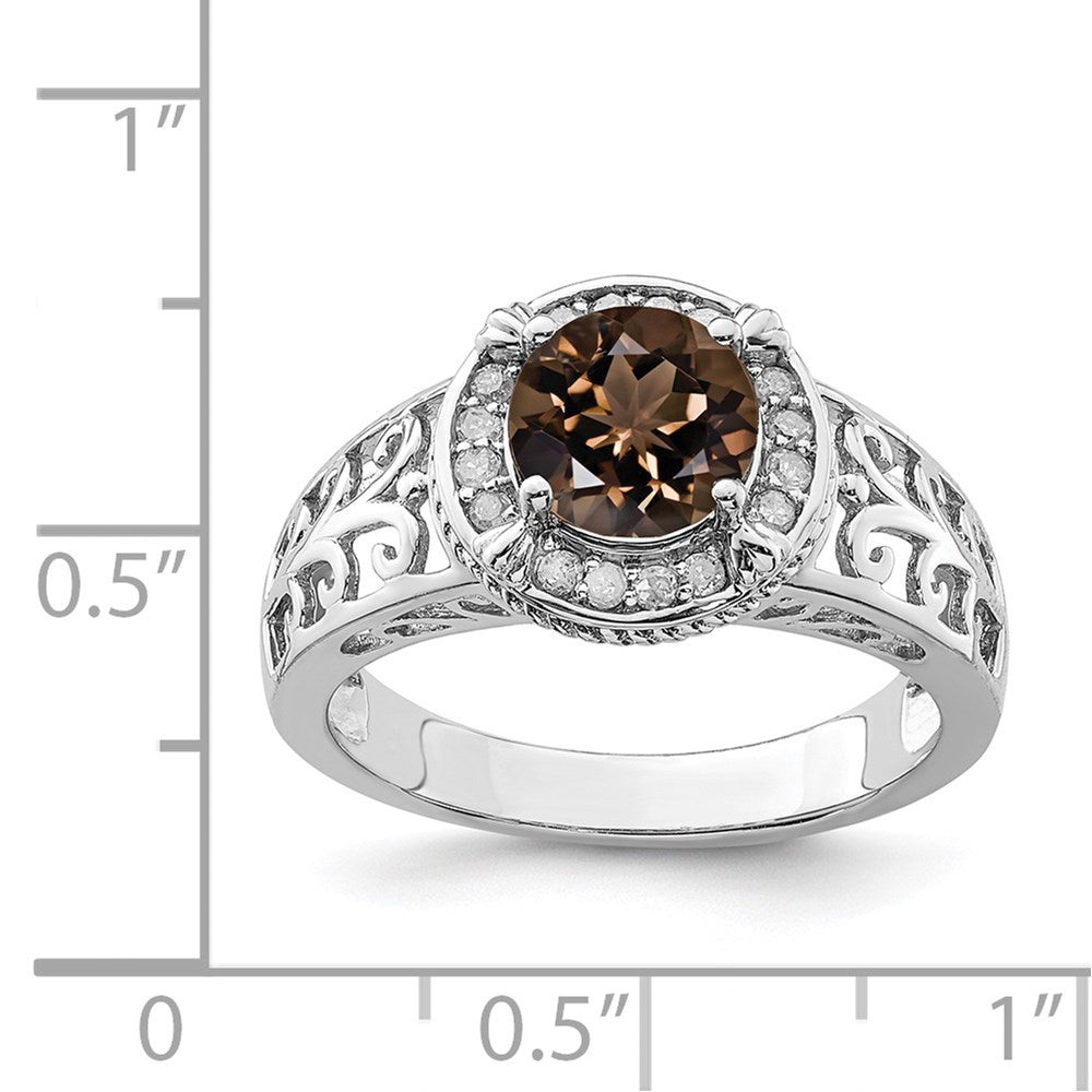 Sterling Silver Rhodium Diamond & Smoky Quartz Ring (Size 7 Only)