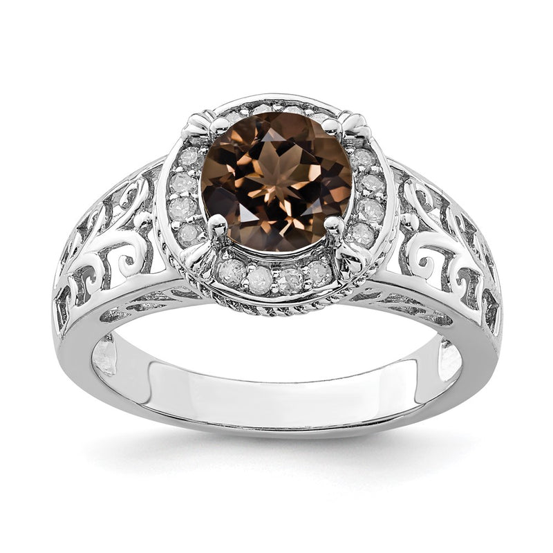 Sterling Silver Rhodium Diamond & Smoky Quartz Ring (Size 7 Only)