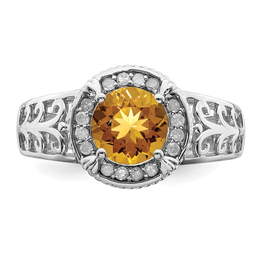 Sterling Silver Rhodium Diamond & Whiskey Quartz Ring (Size 7 Only)