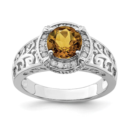 Sterling Silver Rhodium Diamond & Whiskey Quartz Ring (Size 7 Only)