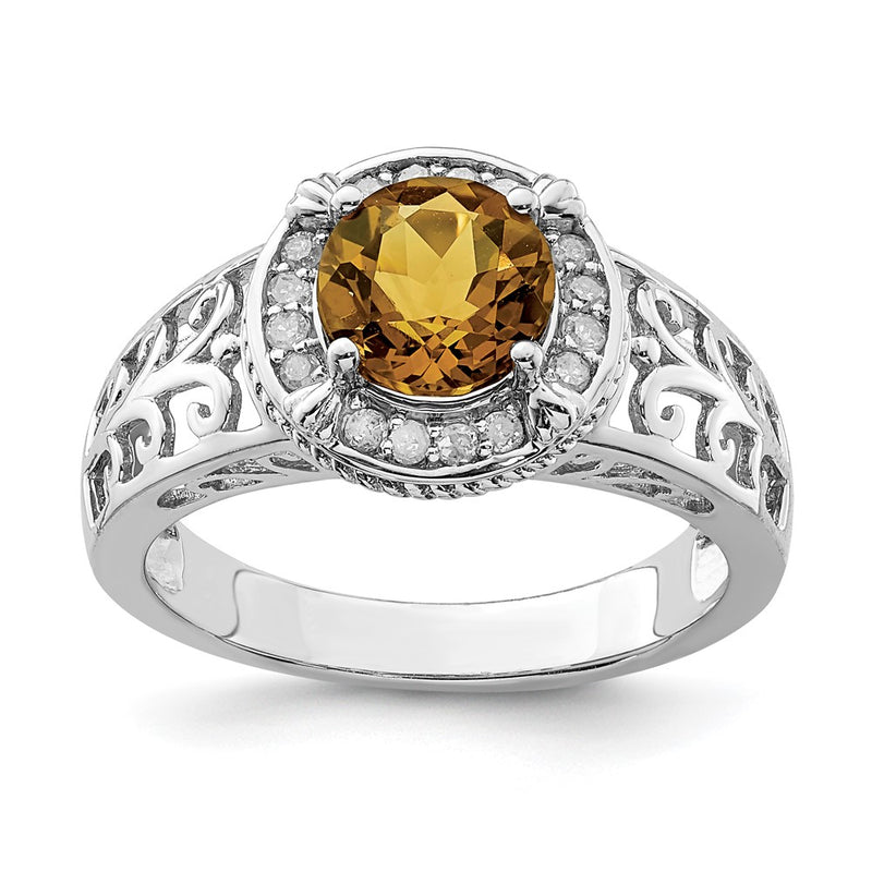 Sterling Silver Rhodium Diamond & Whiskey Quartz Ring (Size 7 Only)