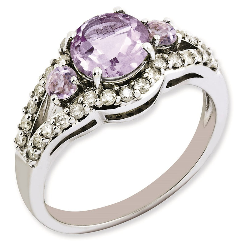 Sterling Silver Rhodium Plated Diamond & Pink Quartz Ring (Size 7 Only)