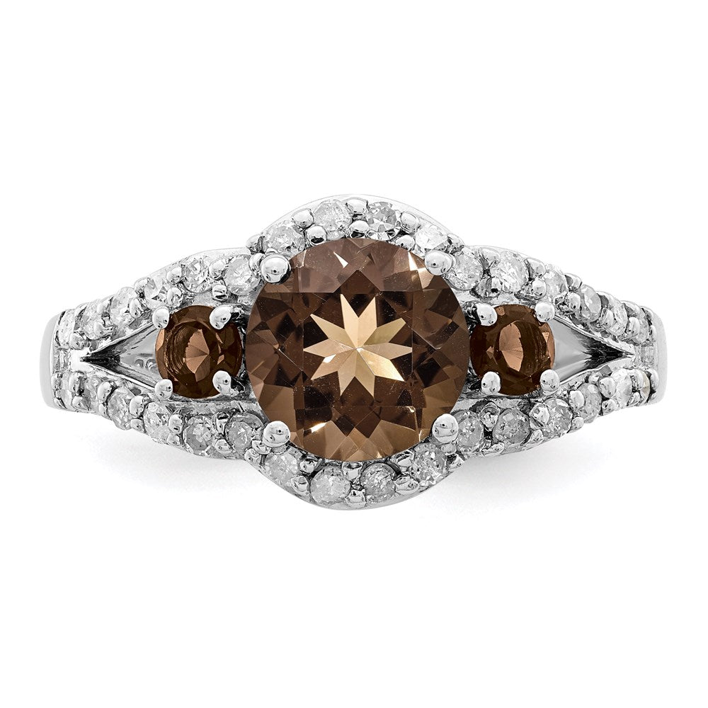 Sterling Silver Rhodium Diamond & Smoky Quartz Ring (Size 7 Only)