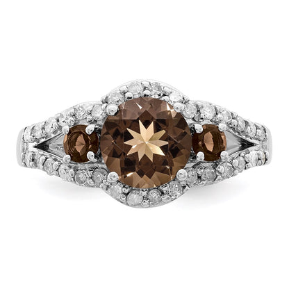 Sterling Silver Rhodium Diamond & Smoky Quartz Ring (Size 7 Only)