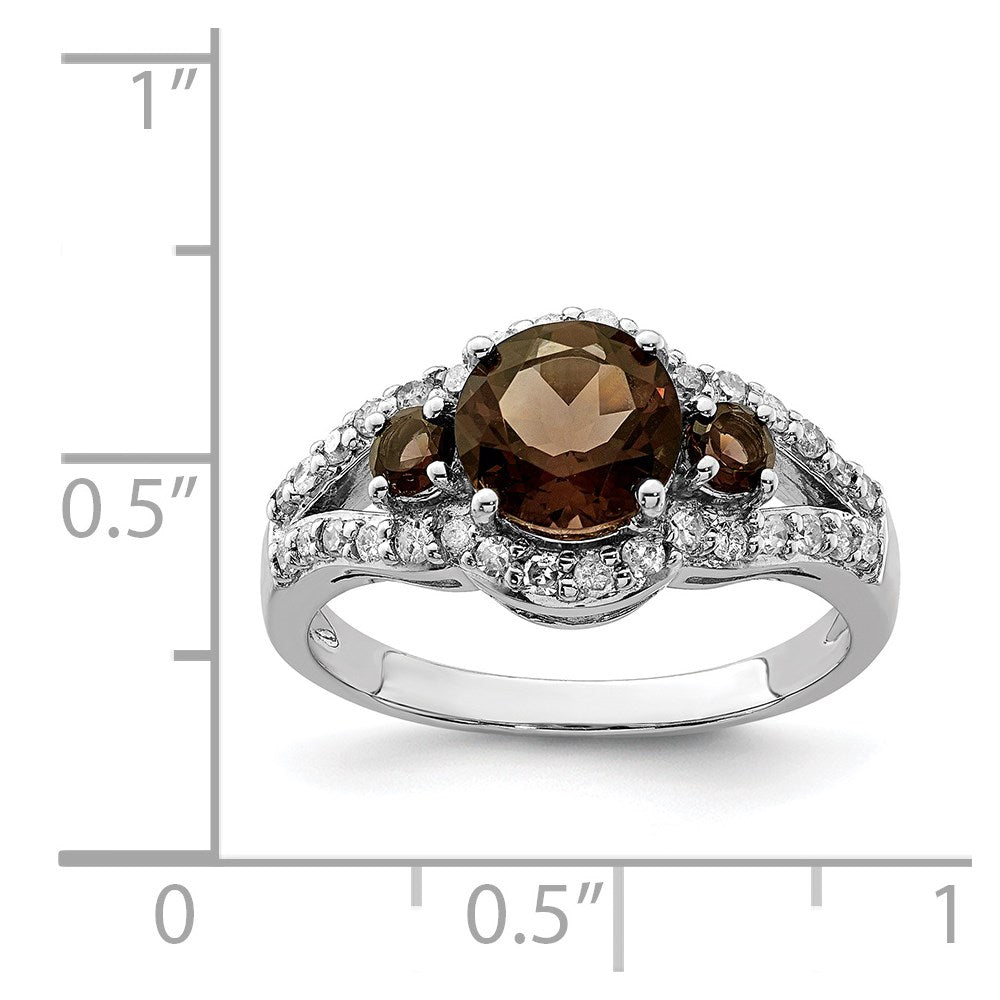 Sterling Silver Rhodium Diamond & Smoky Quartz Ring (Size 7 Only)