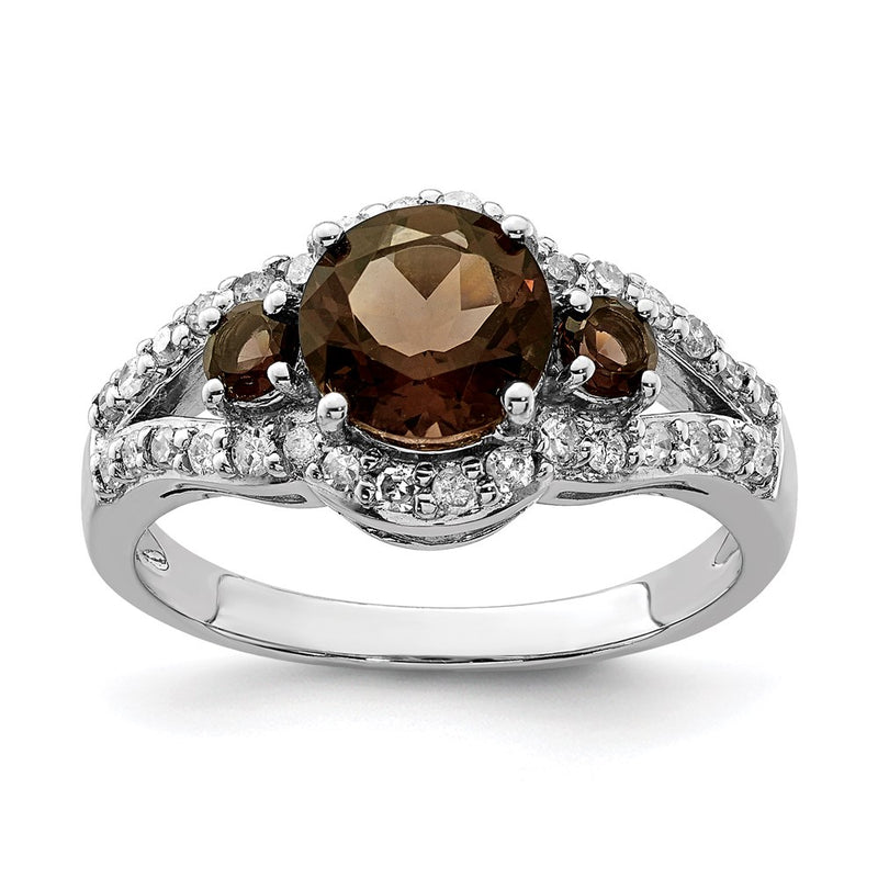 Sterling Silver Rhodium Diamond & Smoky Quartz Ring (Size 7 Only)