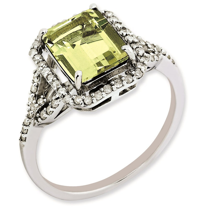 Sterling Silver Rhodium Plated Octagonal Diamond & Lemon Quartz Ring (Size 7 Only)