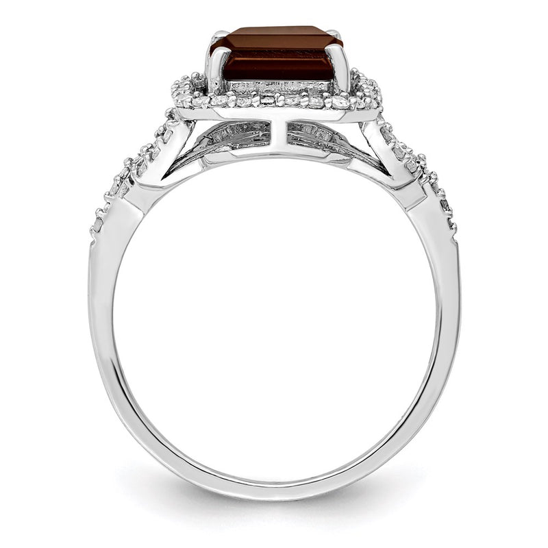 Sterling Silver Rhodium Octagonal Diamond & Smoky Quartz Ring (Size 7 Only)