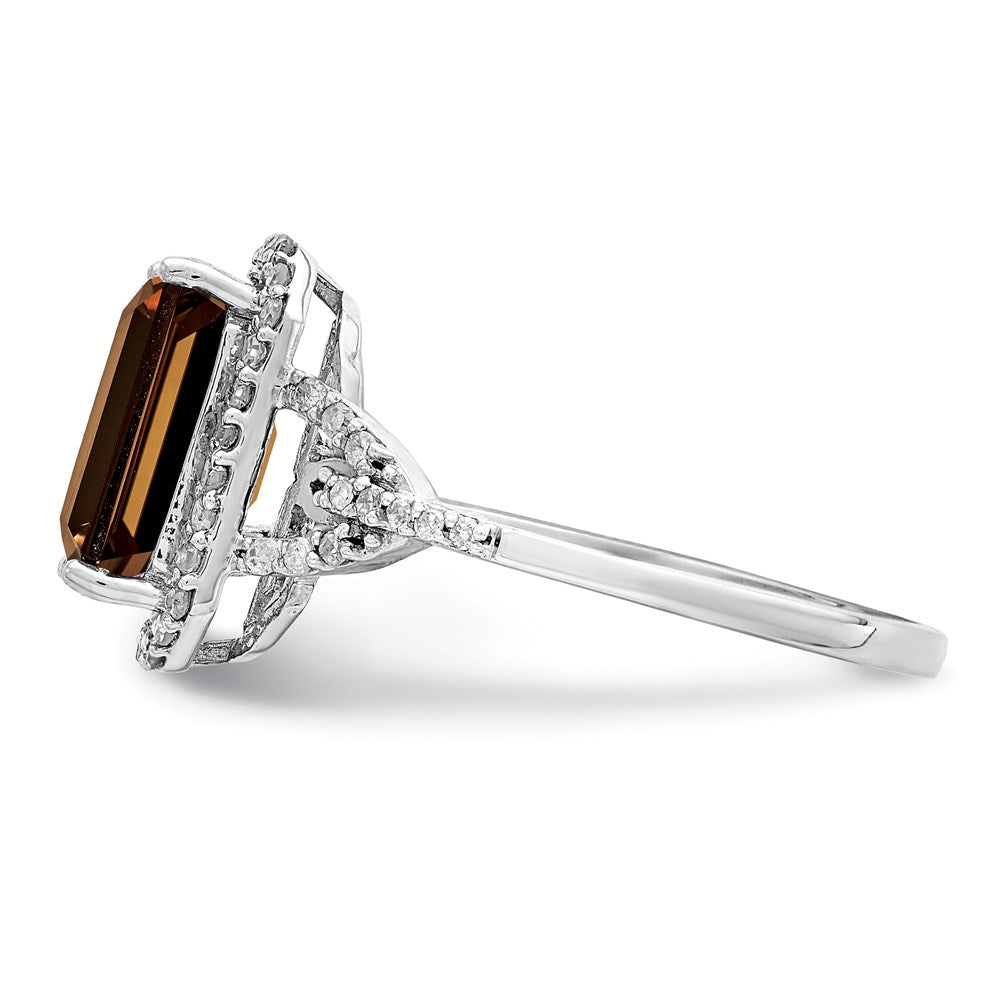 Sterling Silver Rhodium Octagonal Diamond & Smoky Quartz Ring (Size 7 Only)