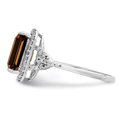 Sterling Silver Rhodium Octagonal Diamond & Smoky Quartz Ring (Size 7 Only)
