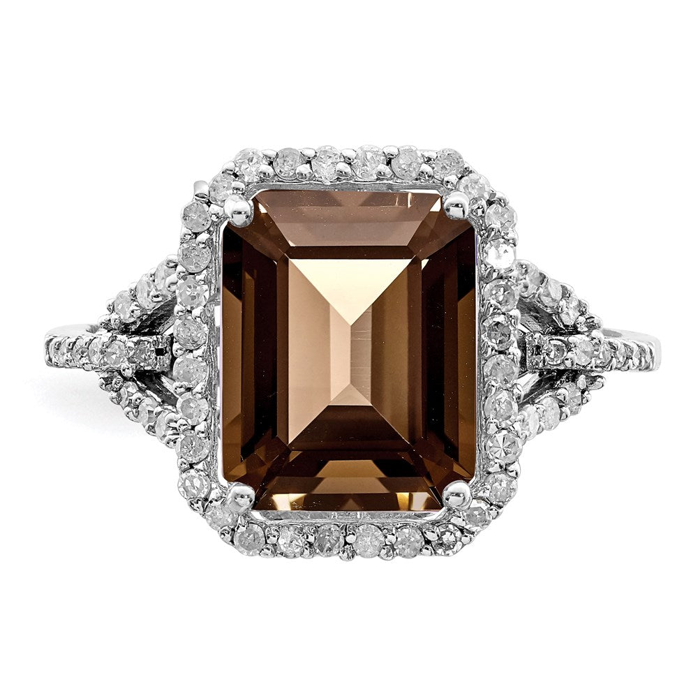 Sterling Silver Rhodium Octagonal Diamond & Smoky Quartz Ring (Size 7 Only)