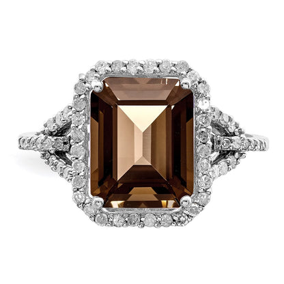 Sterling Silver Rhodium Octagonal Diamond & Smoky Quartz Ring (Size 7 Only)