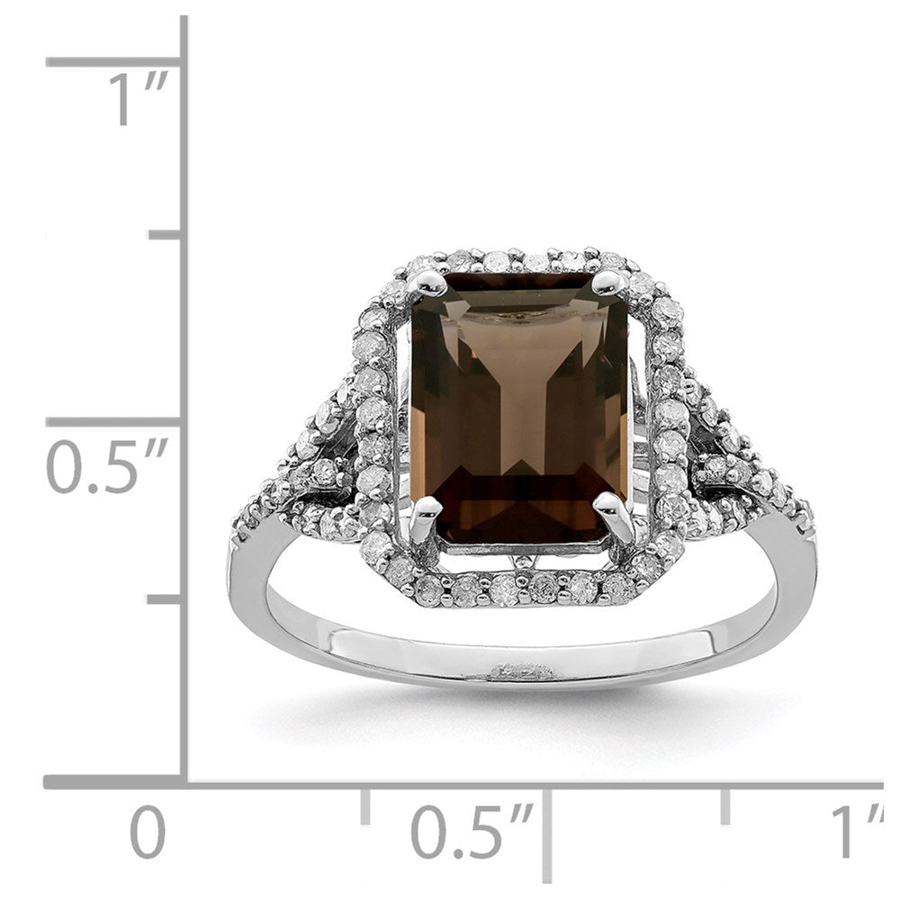 Sterling Silver Rhodium Octagonal Diamond & Smoky Quartz Ring (Size 7 Only)