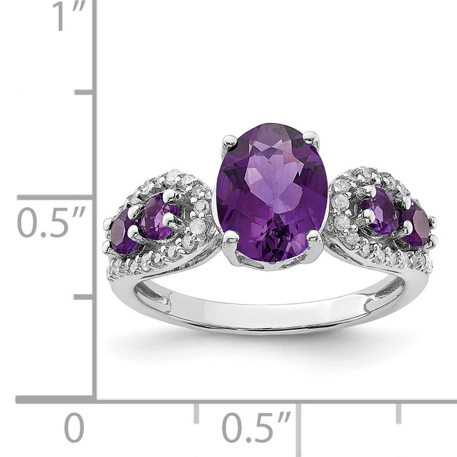 Sterling Silver Rhodium Plated Amethyst & Oval Diamond Ring (Size 7 Only)