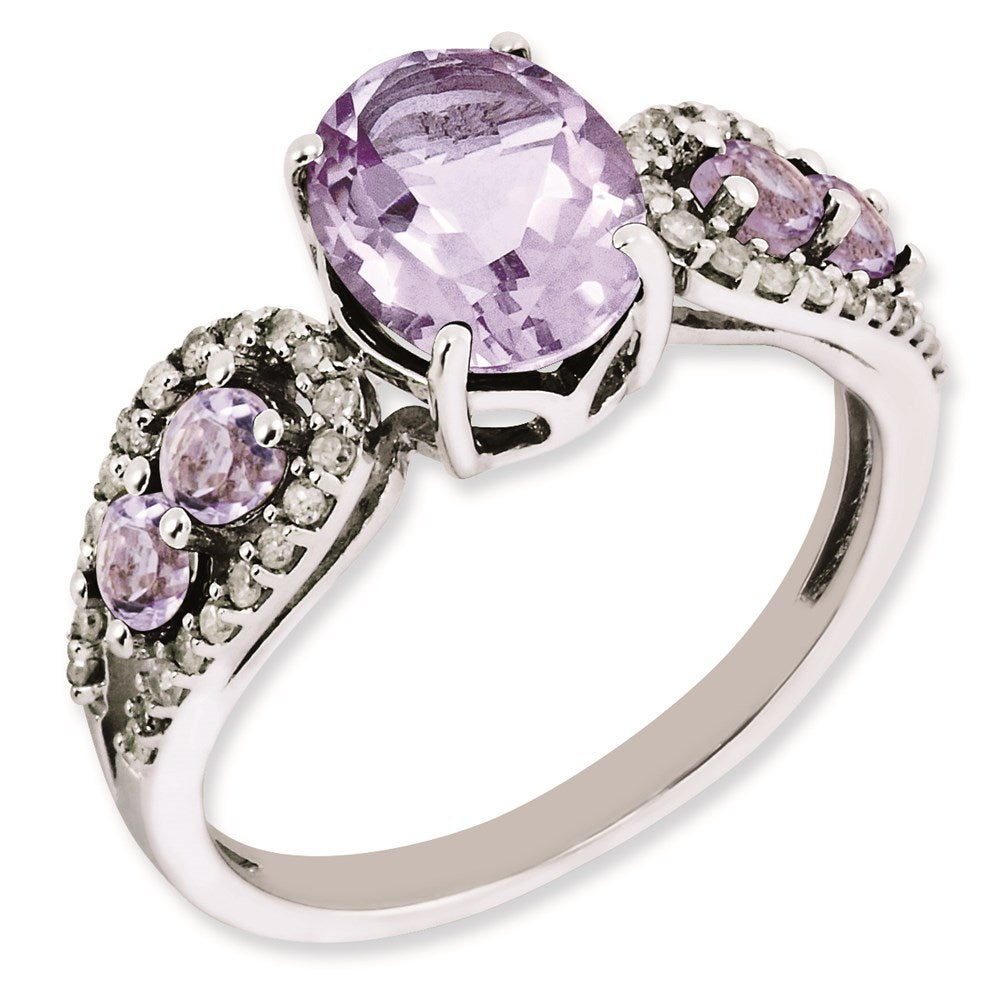Sterling Silver Rhodium Plated Diamond & Oval Pink Quartz Ring (Size 7 Only)