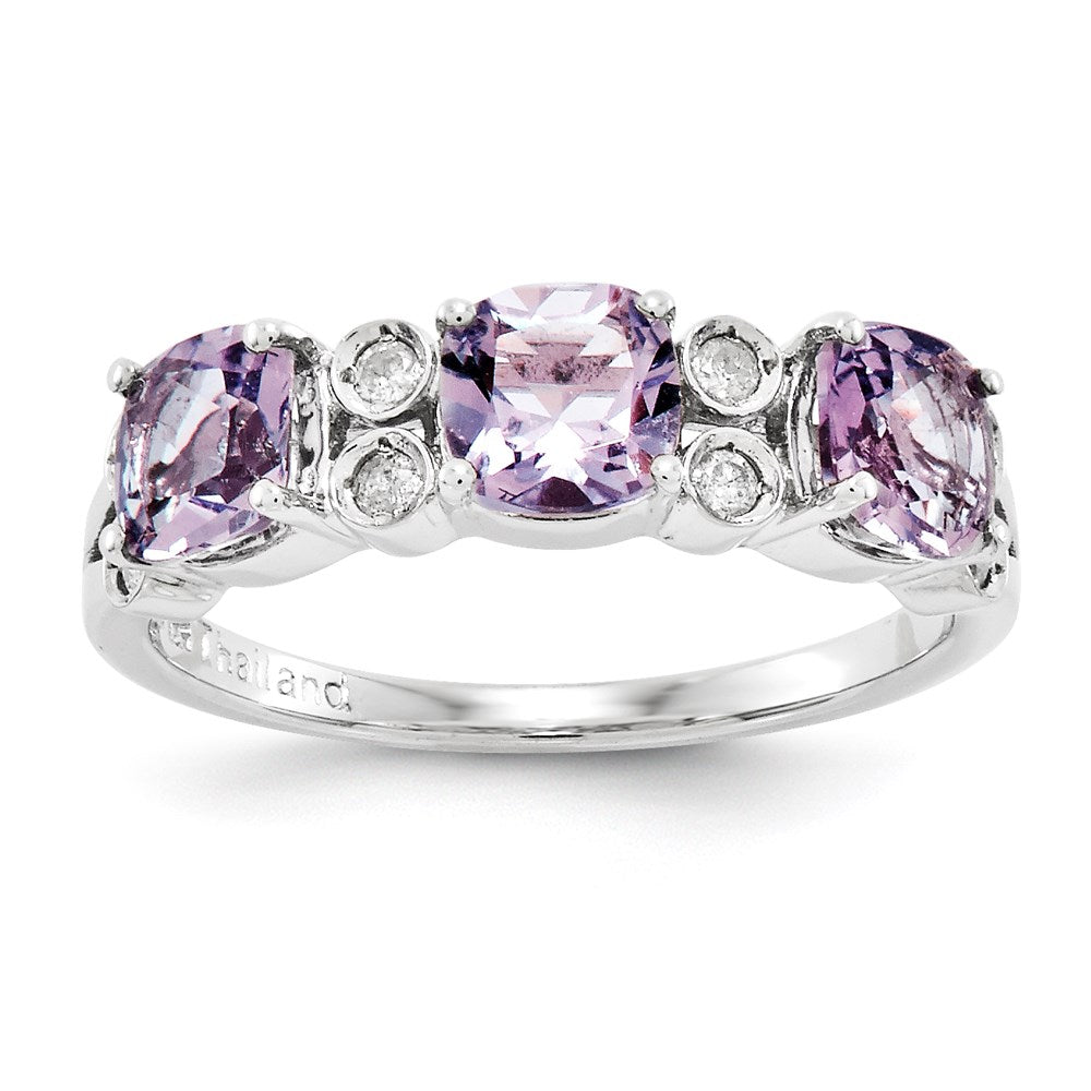 Sterling Silver Rhodium Plated Diamond & Pink Quartz Ring (Size 6 Only)