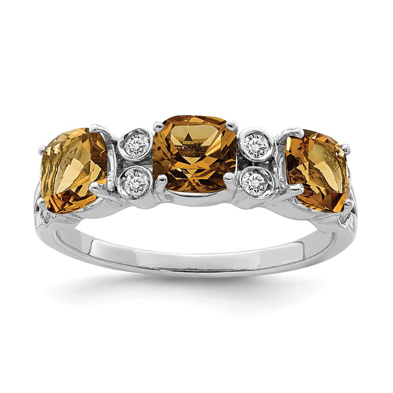 Sterling Silver Rhodium Whiskey Quartz & Diamond Ring (Size 7 Only)