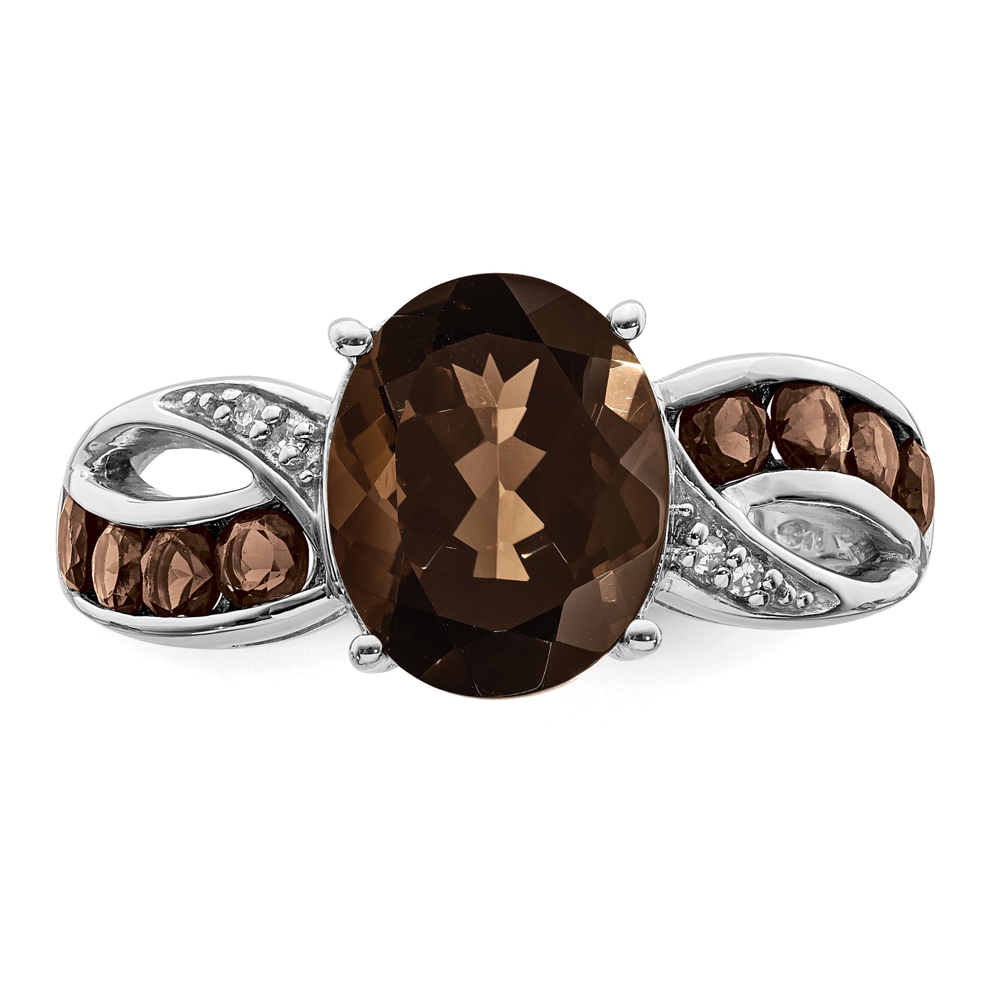 Sterling Silver Rhodium Diamond & Smoky Quartz Ring