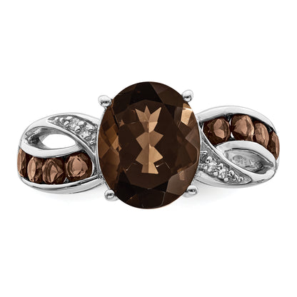 Sterling Silver Rhodium Diamond & Smoky Quartz Ring