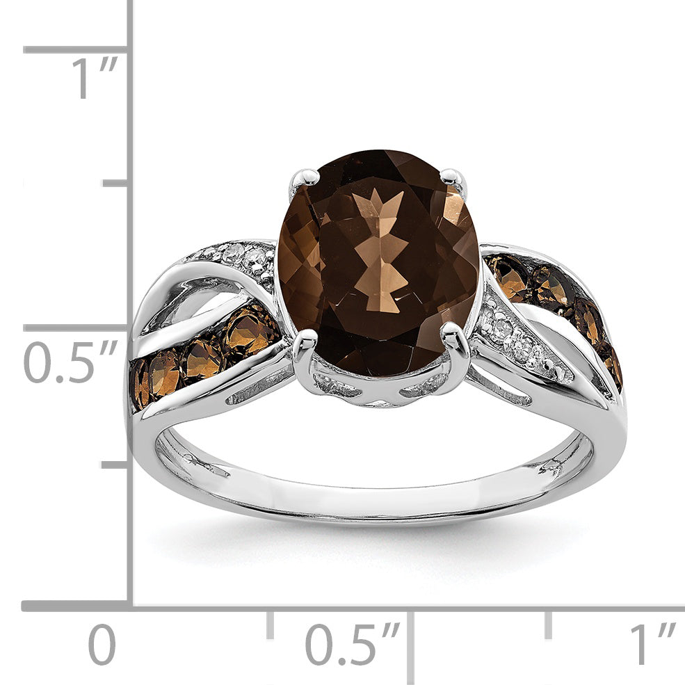 Sterling Silver Rhodium Diamond & Smoky Quartz Ring