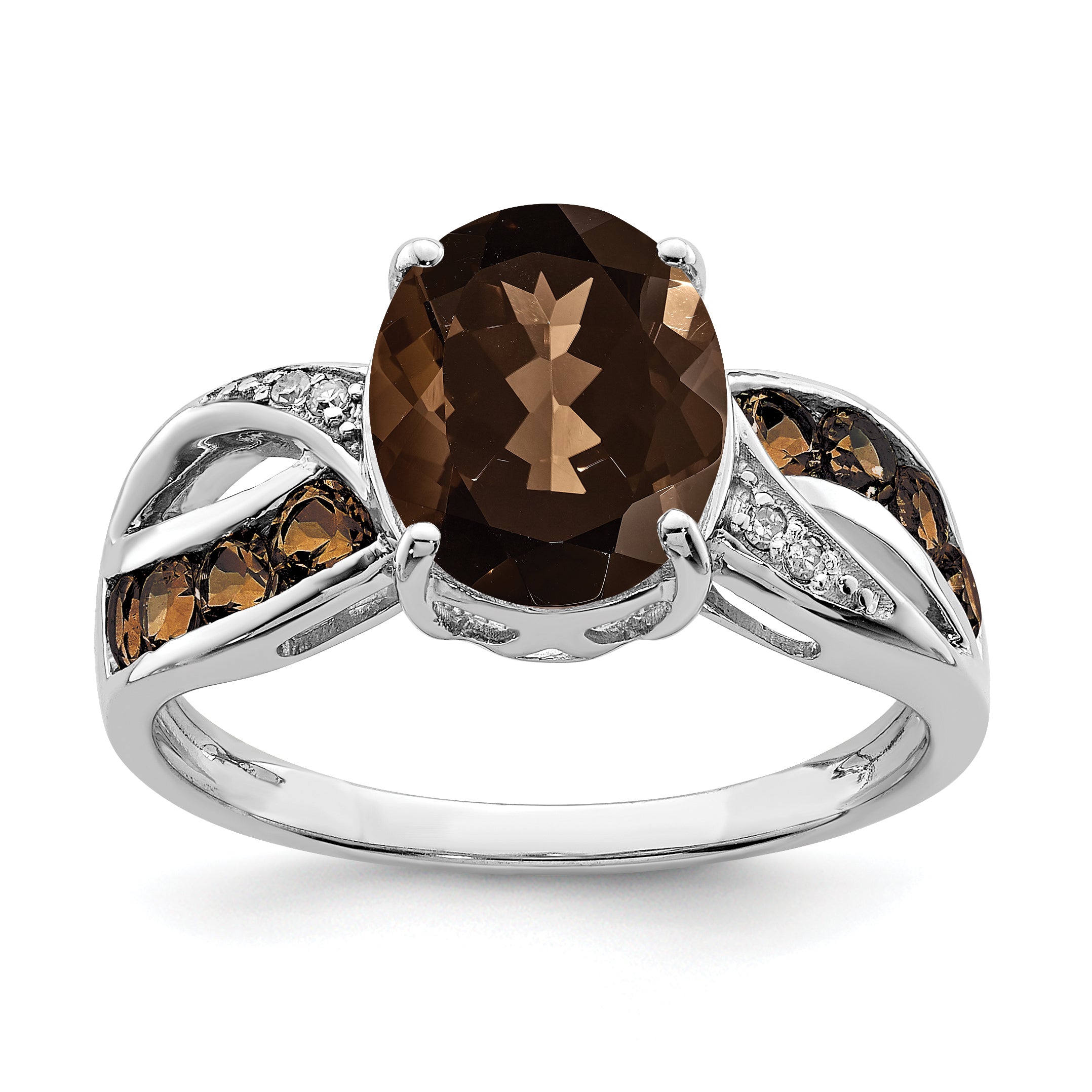 Sterling Silver Rhodium Diamond & Smoky Quartz Ring