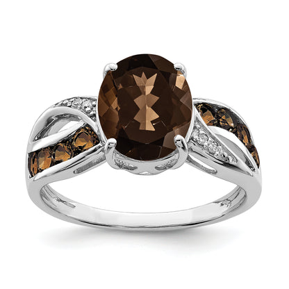 Sterling Silver Rhodium Diamond & Smoky Quartz Ring