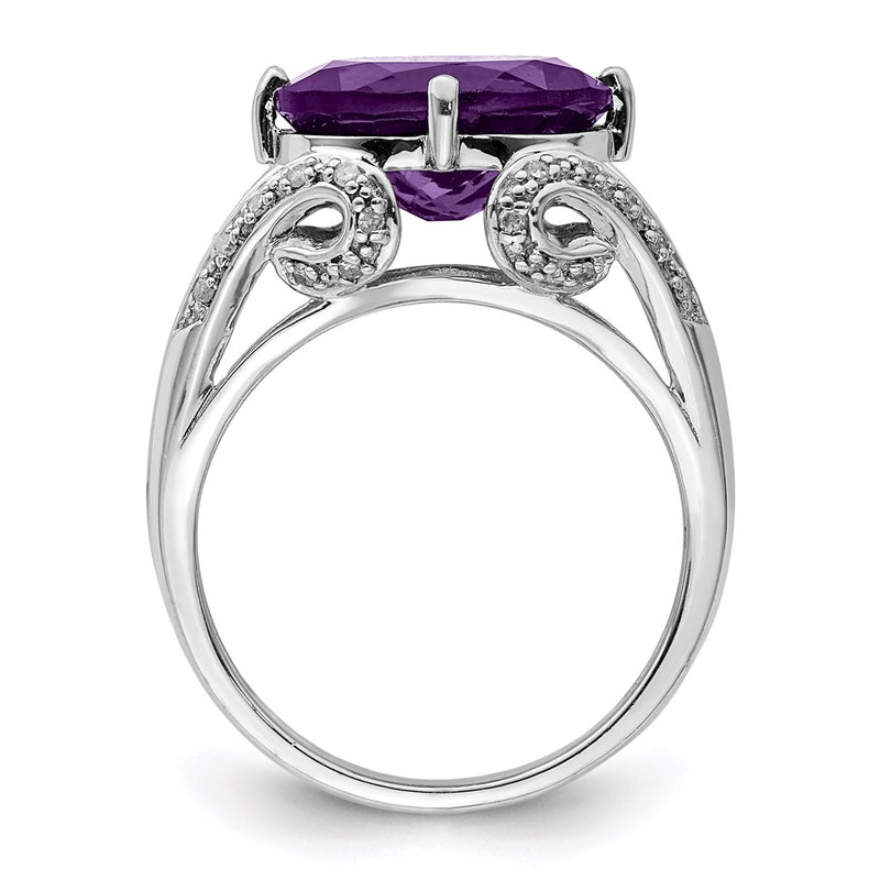 Sterling Silver Rhodium Plated Oval Amethyst & Diamond Ring (Size 7 Only)