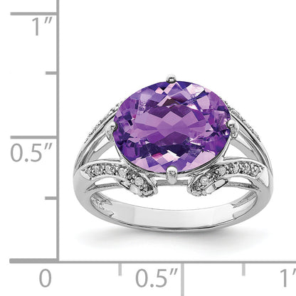 Sterling Silver Rhodium Plated Oval Amethyst & Diamond Ring (Size 7 Only)