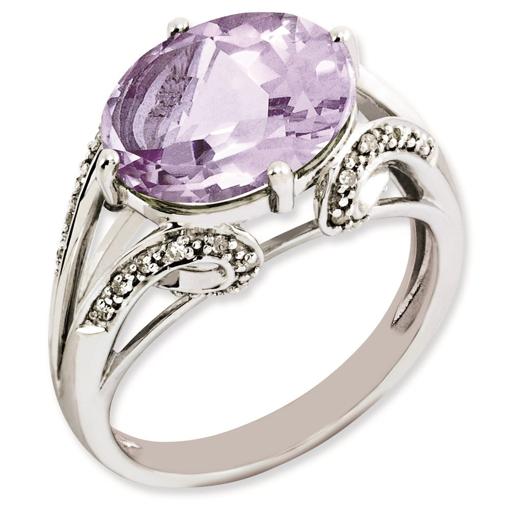 Sterling Silver Rhodium Plated Oval Diamond & Pink Quartz Ring (Size 7 Only)