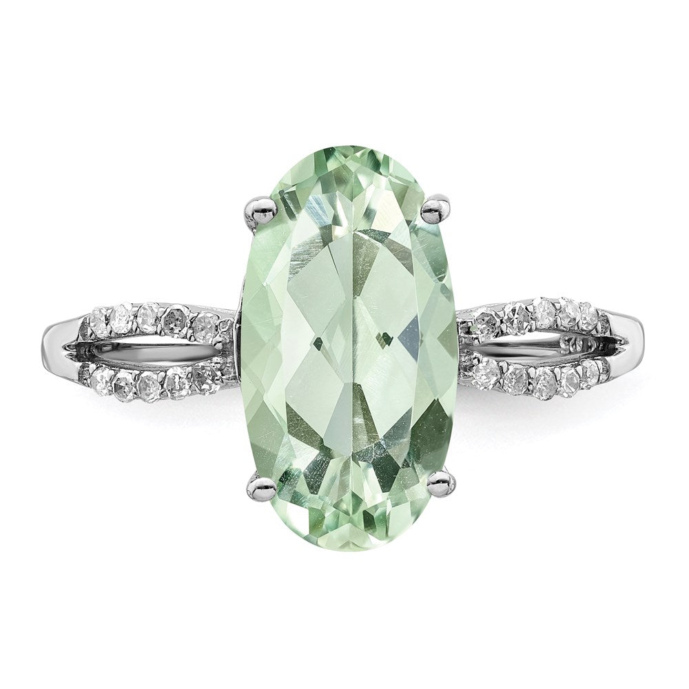 Sterling Silver Rhodium Green Quartz & Diamond Ring (Size 6 Only)