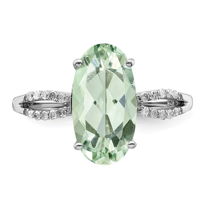 Sterling Silver Rhodium Green Quartz & Diamond Ring (Size 6 Only)