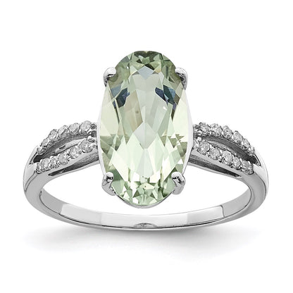 Sterling Silver Rhodium Green Quartz & Diamond Ring (Size 6 Only)