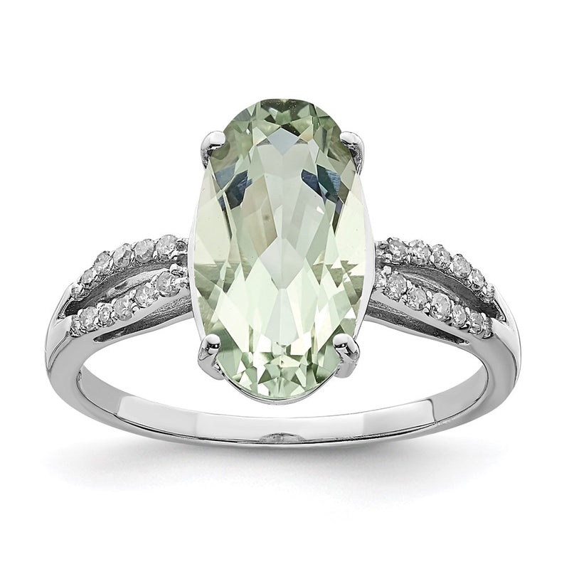 Sterling Silver Rhodium Green Quartz & Diamond Ring (Size 6 Only)