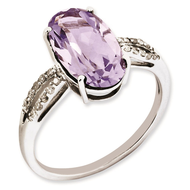 Sterling Silver Rhodium Plated Oval Diamond & Pink Quartz Ring (Size 7 Only)