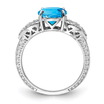 Sterling Silver Rhodium Oval Blue Topaz & Diamond Ring (Size 7 Only)