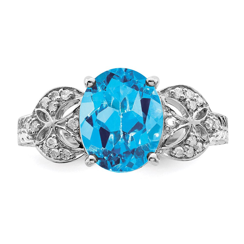 Sterling Silver Rhodium Oval Blue Topaz & Diamond Ring (Size 7 Only)