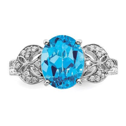 Sterling Silver Rhodium Oval Blue Topaz & Diamond Ring (Size 7 Only)