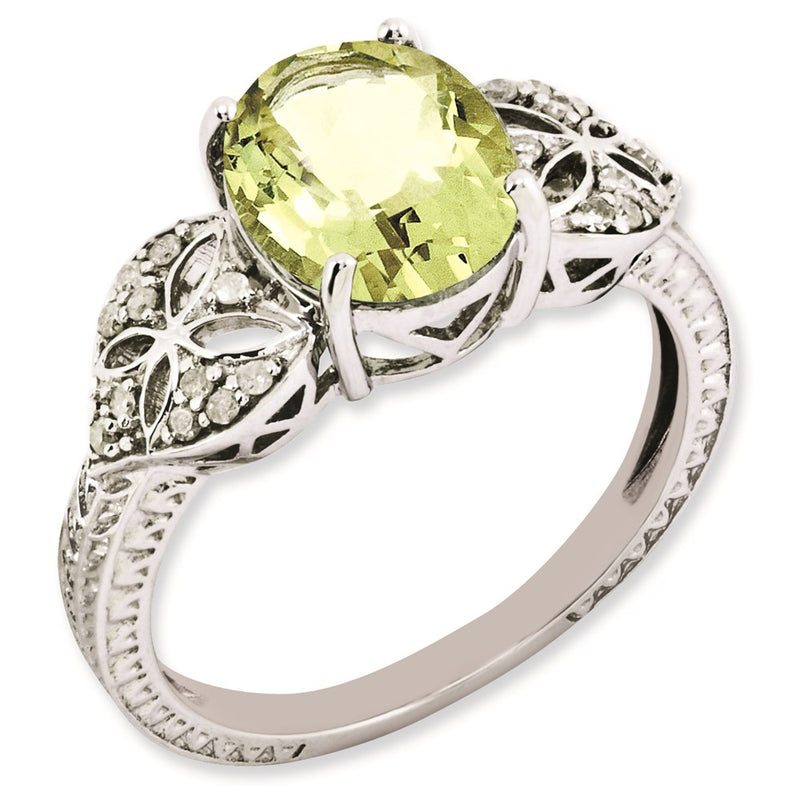 Sterling Silver Rhodium Plated Oval Diamond & Lemon Quartz Ring (Size 7 Only)
