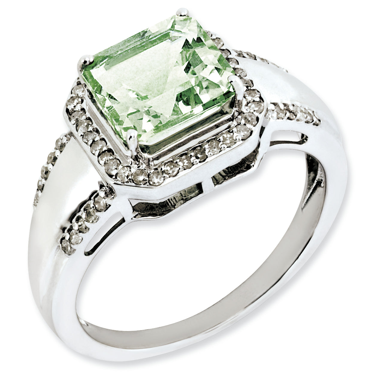 Sterling Silver Rhodium Plated Square Diamond & Green Quartz Ring