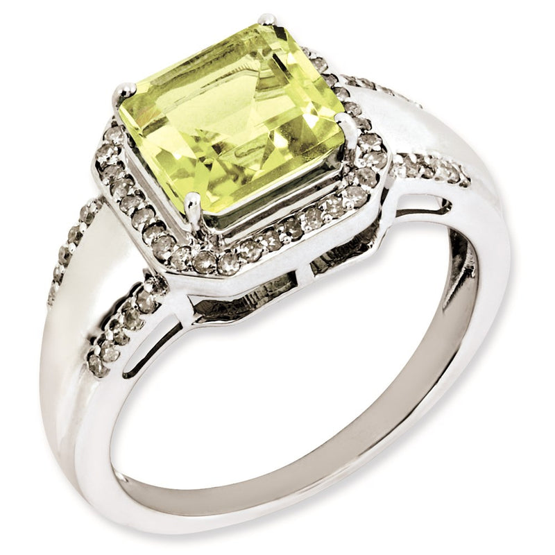 Sterling Silver Rhodium Plated Square Diamond & Lemon Quartz Ring (Size 7 Only)